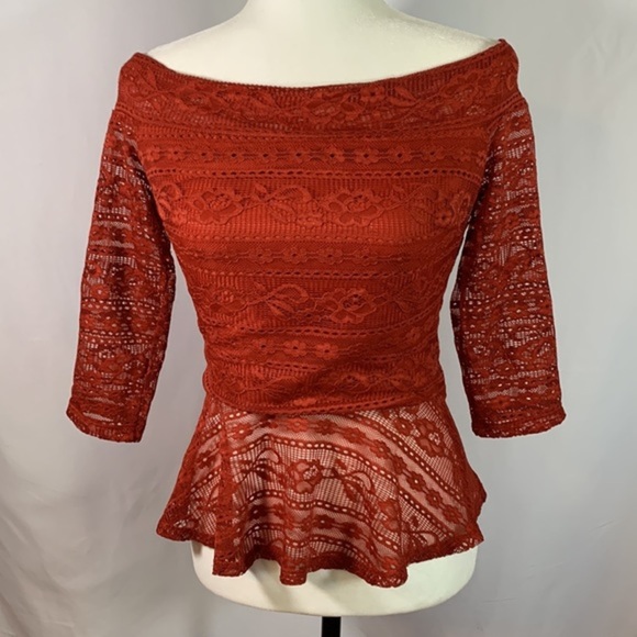 Bebe Orange Lace Floral Design Peplum Quarter Sleeve Top - Picture 1 of 6
